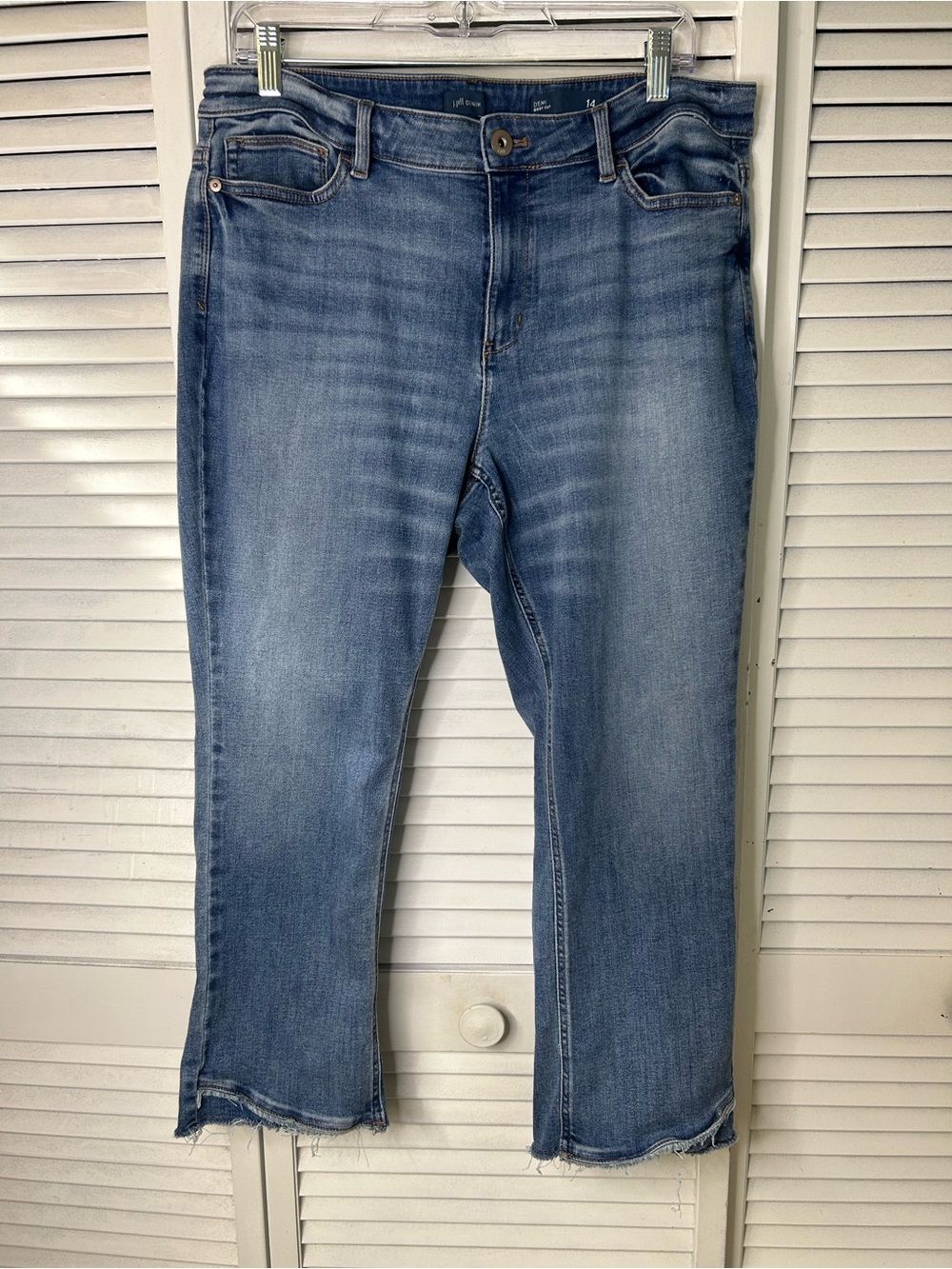 J Jill Mid Wash Blue Boot Cut Raw Hem Jeans Size 14P‎